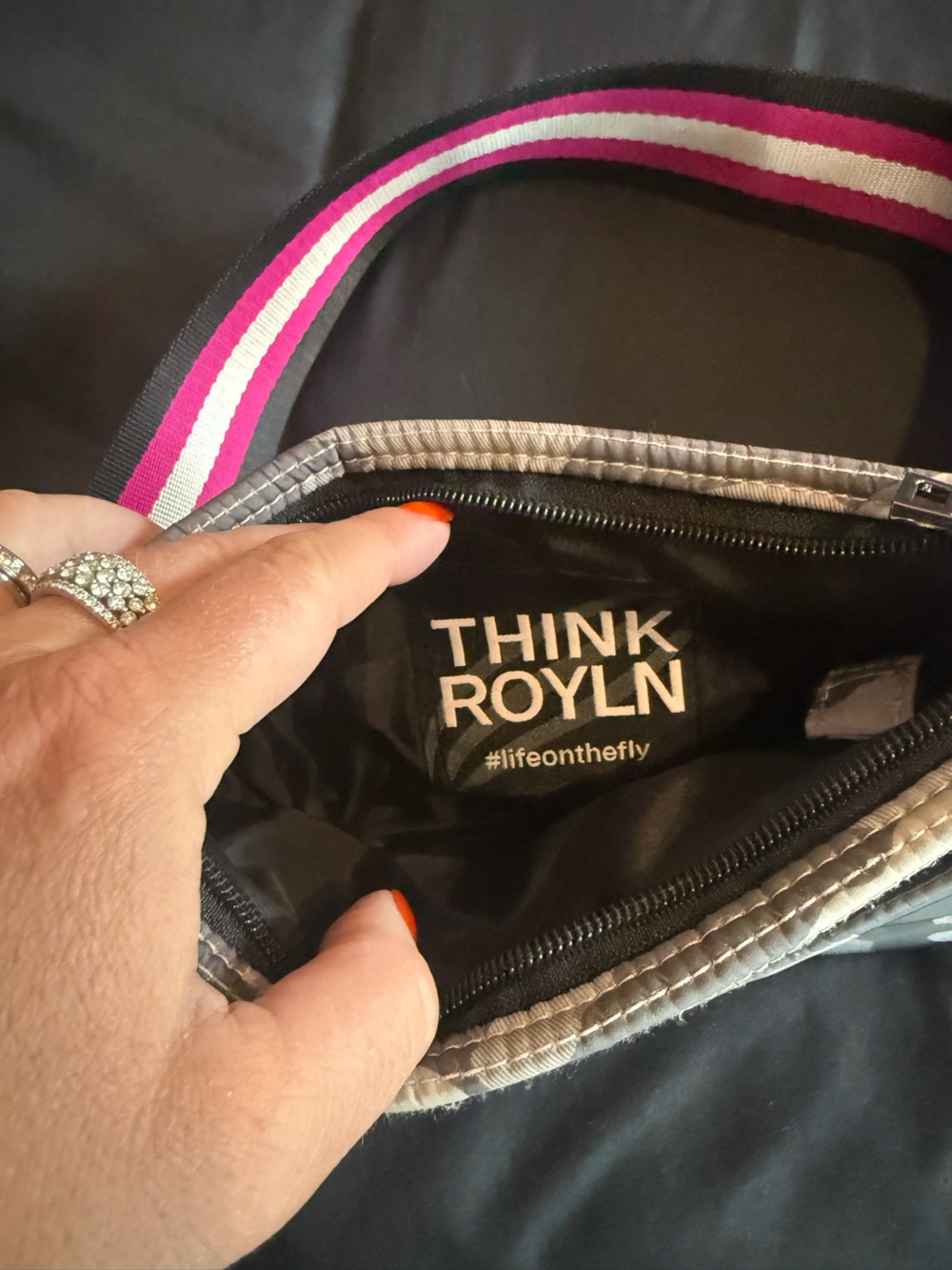 THINK ROYLN Gray Camo Crossbody with Pink Stripe Strap - Picture 5 of 5